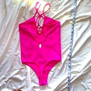 Free People  Keep it Sleek deep v pink thong bodysuit size m/L